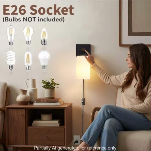 Image of Plug in Wall Sconces Set of 2, Rustic Wall Light with On /Off Switch, 2-in-1 | Plug Farmhouse Wall Lamps with White Glass Shade for Bedroom Living Room Hallway, Faux Brown Wood Grain, E26(Bulb Not Includ)