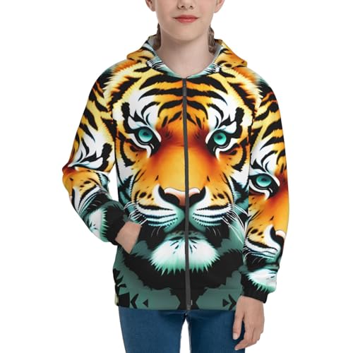 Little fat tiger head Print Girls Athletic Zip Up Hoodies,Sweatshirts with Pockets Long Sleeve Hooded Jackets, for 7-18 Y2