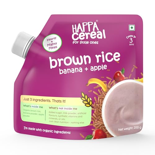 Image of Happa Brown Rice Apple Banana Cereal for Babies | 3 Ingredients | No Sugar, Oil, Milk Powder, Flavours, Colours | Cooks in 3 Minutes | Stage 2 (6 Months+) | 200g Pack