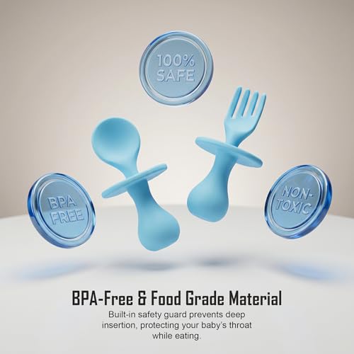 Image of Baybee 100% Silicone Baby Feeding Spoons Set of 2 | Bpa Free- Food Grade Soft Silicone Tip Spoon & Fork Self Feeding Utensil | Baby & Toddlers Gum Friendly Weaning Supplies for Kids 1 Months+ (Blue)