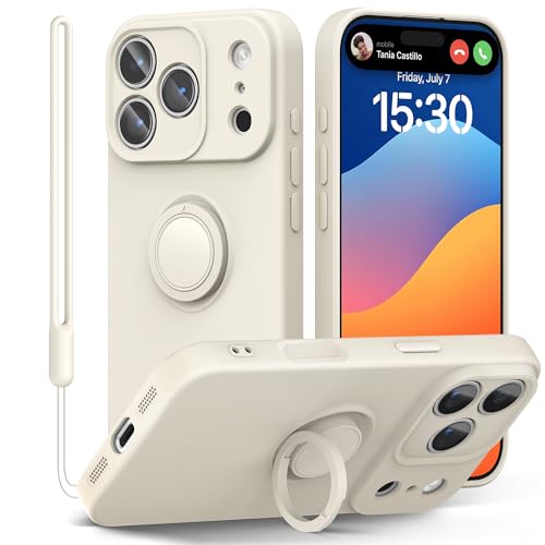 pcgaga Compatible with iPhone 17 Pro Case 6.3 inch, Silicone Slim Design with [Ring Holder Stand] [Wrist Strap] [Microfiber Lining] Shockproof Protective Case Cover for iPhone 17 Pro,White Stone