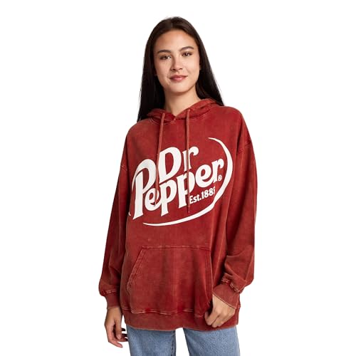 Bioworld Dr Pepper Its A Pepper Thing Womens Red Mineral Wash Long Sleeve Fleece Hooded Sweatshirt-Medium