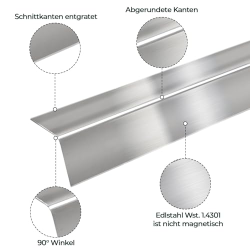 Gastro-Blechdesign Edelstahl Winkel K240 geschliffen 1 mm stark 150 cm Edelstahl Kantenschutz 1,5 Meter lang Kantenschutzprofil Winkelprofil Eckschutz L Profil 30 x 30 mm