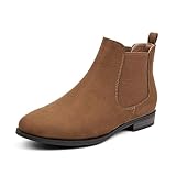 VJH confort Women's Slip on Ankle Boot, Western Almond Round Toe Low Heel Elastic Chelsea Bootie (tan,6.5)