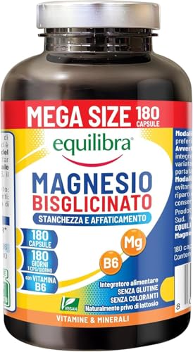 Equilibra Magnesio Bisglicinato, 180 Capsule, 250mg, con Vitamina B6, Scorta 6 Mesi, Vegan, Integratore Stanchezza e Affaticamento, Sistema Nervoso e Funzione Muscolare, Senza Glutine