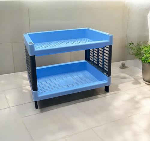 Image of C.S.M CSM 2-Tier Plastic Storage Rack, Self Standing Organizer for Kitchen and Office, Blue
