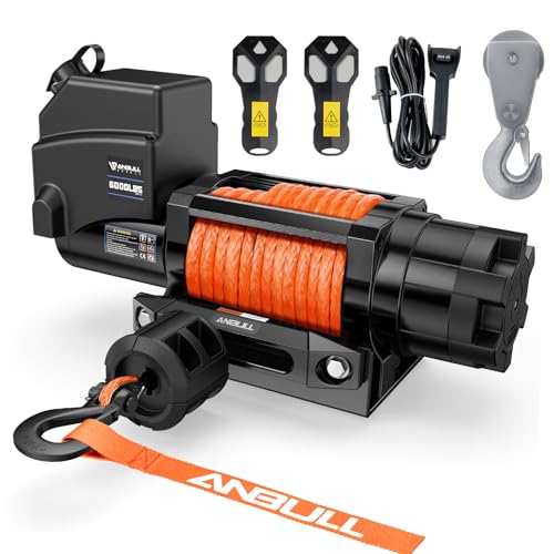 Anbull Elektrische Seilwinde 12V, Motorwinde Seilzug 6000 LBS/ 2722 Kg, Keine Verkabelung erforderlich, IP68, Synthetikseil 6.3mm*16.8m, Kompatibel mit Bootstrailer, Quad, Electric Winch 12V (Orange)