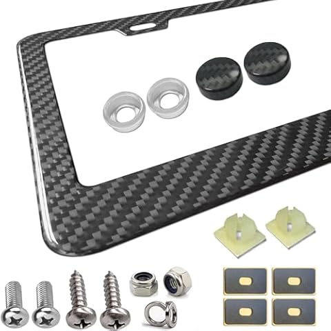 Aootf Carbon Fiber License Plate Frame- Handcrafted of 100% Real Carbon Fiber Cloth Wrap Stainless Steel Frame | Rustproof License Plate Screws with CF Screw Caps | Gloss Black 2 Holes | 1 Pack Cover