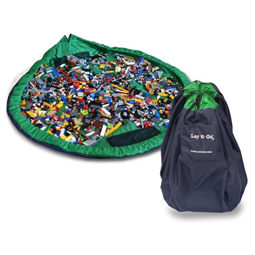 Lay-n-Go Extra Large Building Block Toy Storage Mat – Navy/Green, 60 inch - Drawstring Makes Easy, Quick Pick Up of...