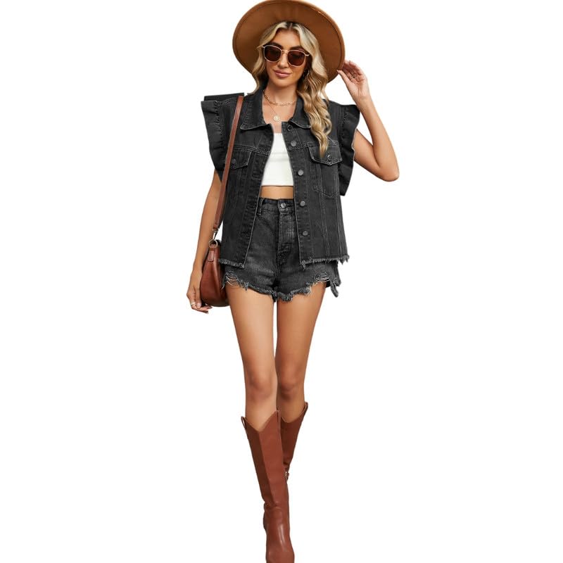 Women’s Washed Wood Ear Denim Vest Waistcoat | Sleeveless Ruffle Trim Casual Layer-image-35