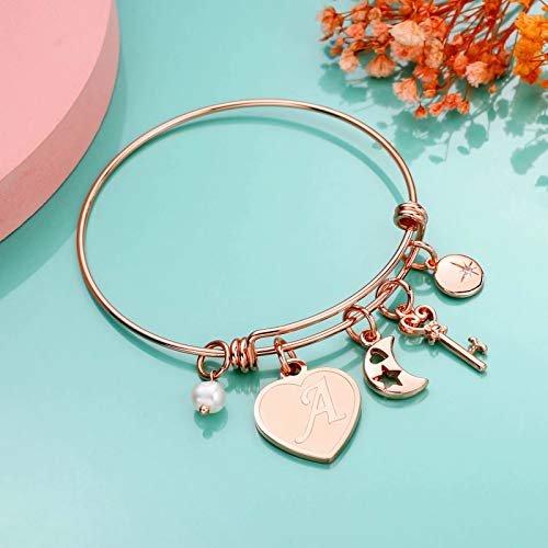 M Mooham Charm Bracelets For Women Girls, Rose Gold Letter A Initial Charm Bangle Bracelet Mothers Day Valentines Present Gifts For Women Jewelry, Bridesmaid Proposal Gifts For Wedding #TOP2