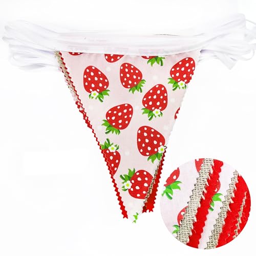 Image of 32Ft Strawberry Party Decorations Red Strawberry Burlap Triangle Flag Fabric Banner Pennant Garland Streamer for Berry Sweet Girls Birthday Wedding Engagement Baby Shower Rustic Party Decor Supplies