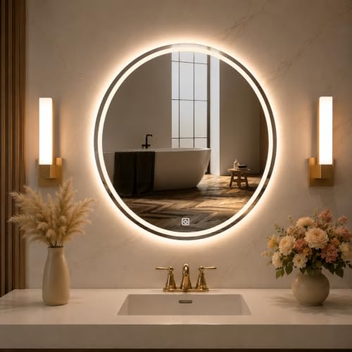 Image of 24x24 Inch Round Glass Wall Mounted LED Mirror with Smart Touch Sensor & 3 Color Lights (Warm, Cool, Natural) for Bathroom, Washbasin & Vanity