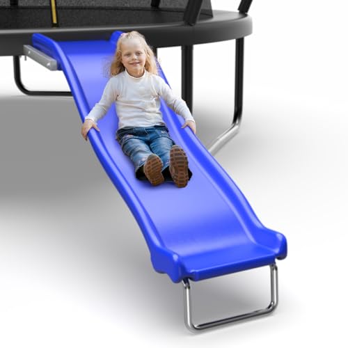 Lyromix Heavy Duty Plastic Trampoline Slide with Support Frame for 8-16FT Safer Outdoor Plastic Slide for Trampoline Adjustable Trampoline Ladder for Kids 6+ 220 LBs Capacity Blue