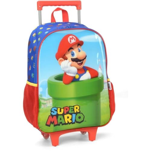 Mochila Infantil com Rodinha, Super Mario Bros, G, Azul, Luxcel