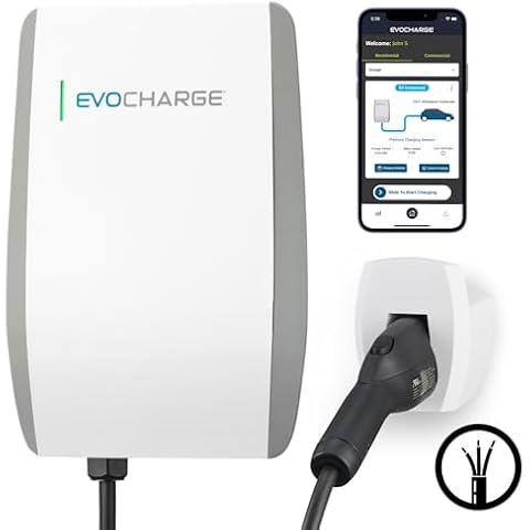 EVoCharge Home 50 Level 2 EV Charger up to 50 Amp, Smart WiFi and Bluetooth Enabled, 25 Foot Cable, 240V Hardwired, UL Listed, Up to 45 Miles Per Hour Charged Cover