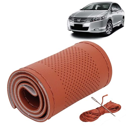 Image of KINGSWAY PU Leatherite Car Steering Cover Sewable Compatible with Honda City (Year 2009-2013), Tan Color with Tan Thread, Pack of 1 with Sewing Needle and Thread