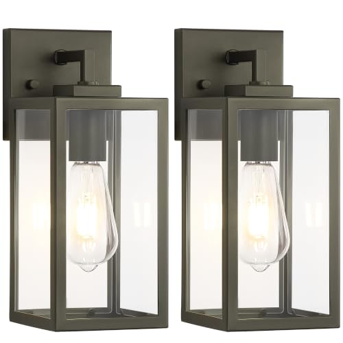 Image of Outdoor Wall Light Fixtures, Waterproof Wall Lantern with Tempered Glass, Hardwired Exterior Wall Sconce in Dark Olive, 12 in Outdoor Porch Light for House Front Door, Patio, Garage, 2-Pack