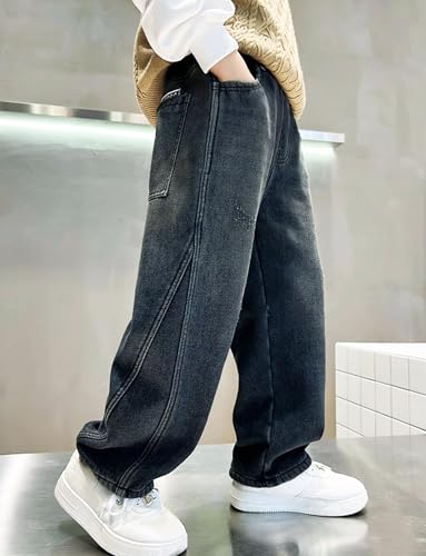 Boys Baggy Jeans Straight Leg Cotton Denim Pants with Pockets Elastic Waist Loose Fit Casual Trousers 5-14 Years3