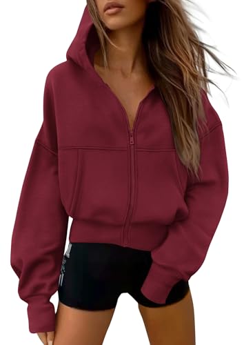 PRETTYGARDEN Women's Zip Up Y2K Hoodies 2025 Fall Fashion Long Sleeve Hooded Fleece Sweatshirts Casual Jacket Winter Clothes (Burgundy,Medium)