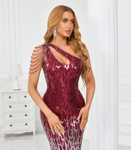 Image of Cololura Women Sequin Elegant Sexy One Shoulder Tassel Mermaid Bodycon Cocktail Evening Dress