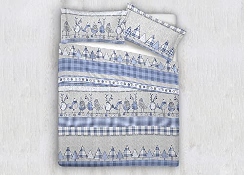 Juego de sábanas 100 % algodón, diseños navideños de invierno, renos, corazones OB, para cama doble, azul