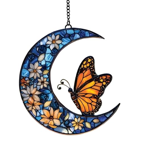 Monarch Butterfly Moon Sun Catcher – Hanging Acrylic Pendant, Floral