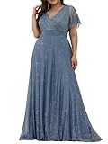 Ever-Pretty Plus Women's Glitter Plus Size Formal Dress Evening Gown V-Neck Short Sleeve Floor Length Mother of Bride Dresses Dusty Navy US20