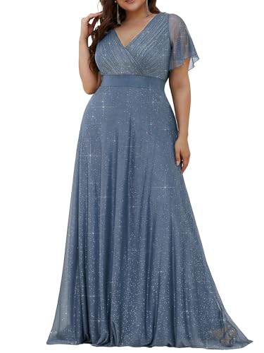 Image of Ever-Pretty Plus Women's Glitter Formal Dress Evening Gown for Gala V-Neck Short Sleeve Floor Length Plus Size Prom Dresses