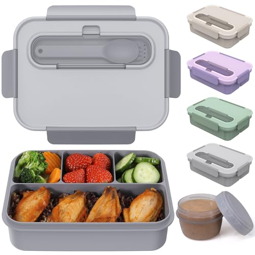 Caperci Bento Box Adult - 50 oz Large Lunch Containers for Adults and Teens, 4-Compartment Bento Lunch Box with Utensils & Leak Proof Sauce Cup, Dishwasher Safe, Durable, BPA-Free (Gray)