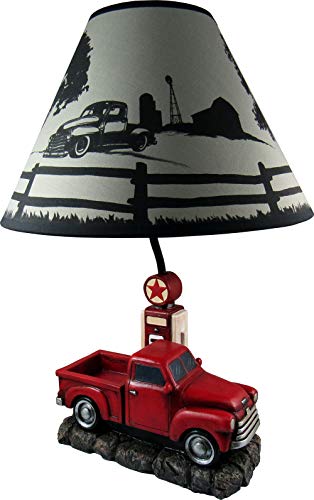 Dwk - Big Red - Classic Vintage Pickup Truck With Gas Pump Table Lamp With Decorative Country Scene Shade Mechanic Garage Man Cave Den Bar Home Décor Accent Light, 20-Inch #TOP3