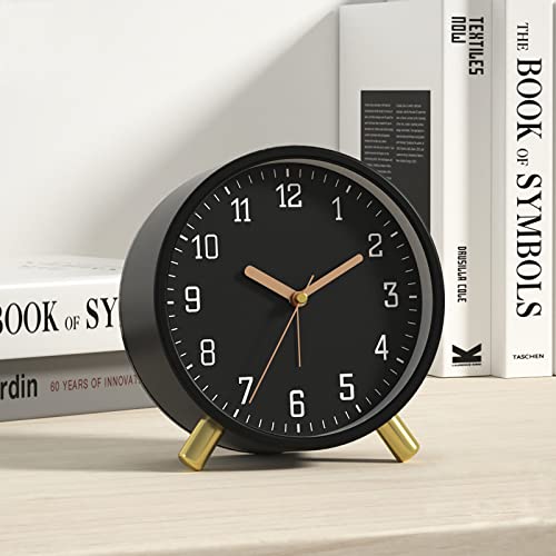 Shisedeco Alarm Clock With Backlight, 4.5 Inches Bedside Analog Non-Ticking Silent Small Desk Clock With Arabic Numerals, Battery Operated Round Table Clock For Living Room, Bedroom (Black Color) #TOP2