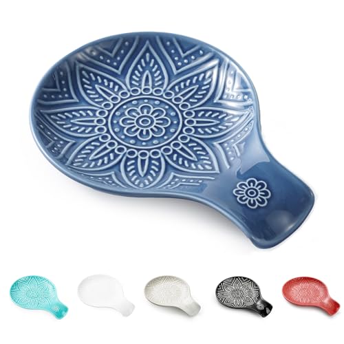 Image of Ceramic Spoon Rest, 7.48 Inches Spoon Holder for Kitchen Counter, Kitchen Accessories, Dishwasher Safe, Dark Blue