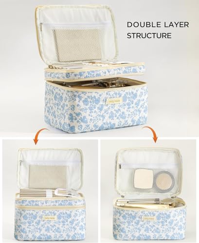 HBselect 2Pcs Travel Makeup Bag, Large Cotton Quilted Makeup Bag Cosmetic Bag Cute Make up Bag Toiletry Bags for Women Girls2