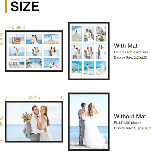 decorUhome 14x20 Picture Frames Collage Wall Decor, Display 9Pcs 4x6 Photos with Mat or 1Pcs 14x20 Unmatted, 9 4x6 Collage Picture Frames for Wall Mounting, Black