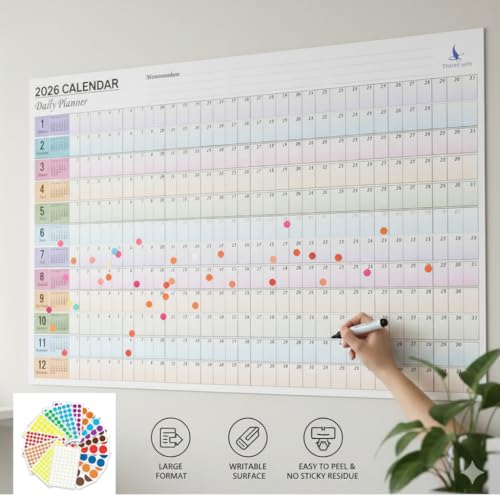 Image of ThinkCrafts 2026 Wall Calendar Daily Planner, Large Format 28.5x19 Inches, Writable Surface with Color Dot Stickers, 12 Month Organizer