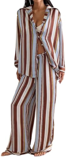 Image of Women Floral Satin Pajamas Long Sleeve Button Shirt Silk Wide Leg Pants Set