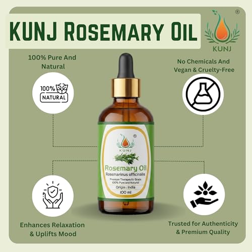 Image of KUNJ Rosemary Oil for Hair Growth & Hair Fall Control - 100ml | 100% Pure & Natural Undiluted Rosemary Essential Oil | Promotes Thick Hair, Scalp Nourishment, Dandruff Care | Steam Distilled