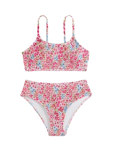 Image of SHENHE Girl's 2 Piece Teen Swimsuit Boho Floral High Waisted Smocked Bikini Bathing Suit