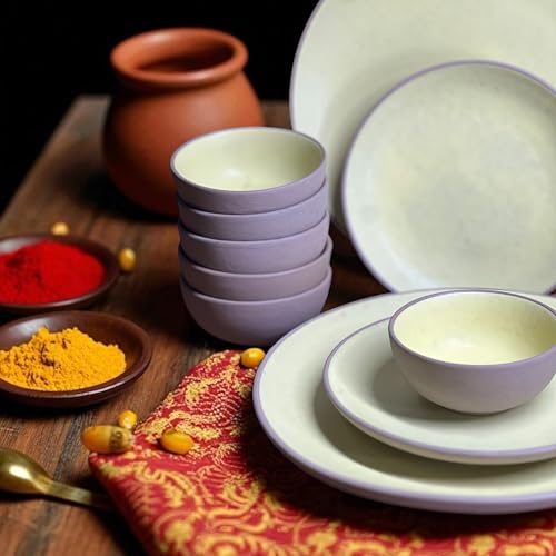 Image of Hand Painted Ceramic Dinnerware Set - 18 Pieces | 6 Dinner Plates, 6 Small Plates, 6 Katori Bowls | Earthy Yellow| Microwave & Dishwasher Safe | Perfect for Home & Gifting