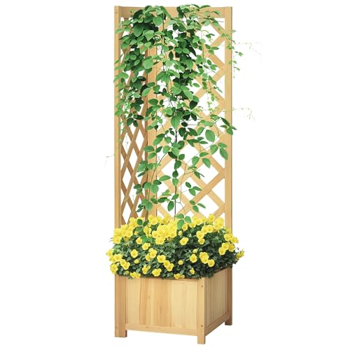 Outsunny Wooden Raised Garden Bed with Trellis, 57' Freestanding Corner Planter Box for Vine Plants Flowers Climbing and Planting Natural