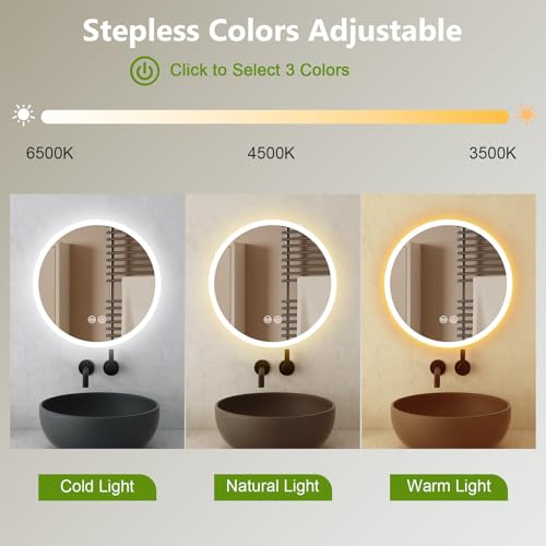 CROWNSHOP Bathroom Mirror with LED Lights, 50cm Round Illuminated Wall Mounted Makeup Mirrors with Touch Sensor Switch & Anti-Fog, 3 Lighting Modes, Dimming, Vanity Mirror - Cosy Home Interiors CROWNSHOP Bathroom Mirror with LED Lights, 50cm Round Illuminated Wall Mounted Makeup Mirrors with Touch Sensor Switch & Anti-Fog, 3 Lighting Modes, Dimming, Vanity Mirror - Image 2