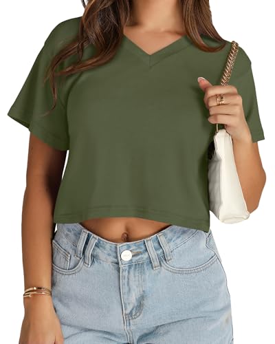 Image of Womens Crop Tops Short Sleeve V Neck Summer Cropped T Shirts Baisc Tees