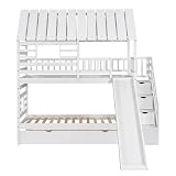MERITLINE Twin Over Twin House Bunk Beds with Slide Woden Kids Bunk Bed with Storage Stairs and Trundle for Girls, Boys,White