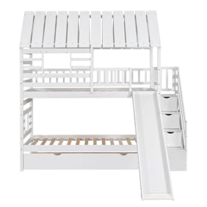 MERITLINE Twin Over Twin Bunk Bed with Stairs and Storage, Kids House Bunk Bed with Slide,Twin Bunk Bed with Trundle for Girls Boys, White MERITLINE Twin Over Twin Bunk Bed with Stairs and Storage Kids House Bunk Bed with SlideTwin Bunk Bed with Trundle for Girls Boys White