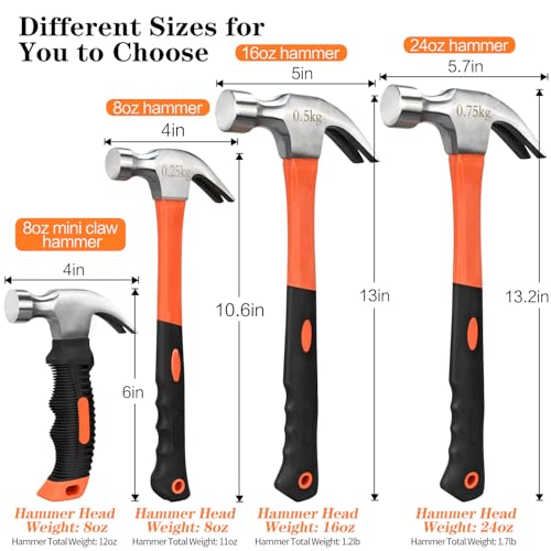 8/16/24oz Straight Rip Fiberglass General Purpose Claw Hammer, with Smooth Face & Non-slip Grip