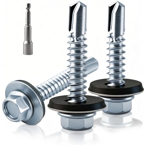 XRXYMQ 100 Stück Trapezblechschrauben Selbstschneidende Schrauben 4.8 x 19 mm Spenglerschrauben mit Dichtscheibe Blechschrauben Bohrschrauben mit Sechskant Bit Steckschlusselsatz für Hausreparaturen