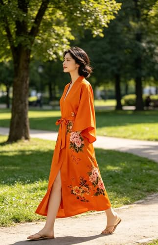 Image of Women's Classic 100% Silk Kimono Robe, Bathrobe-Printed Pattern