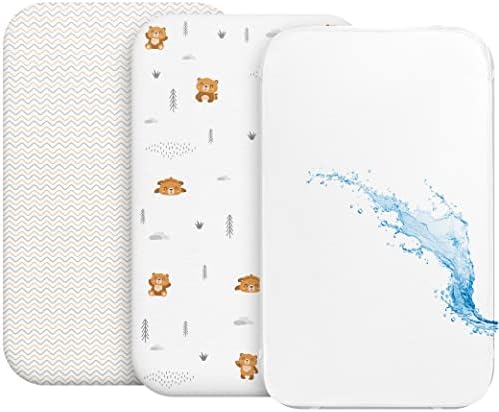 2X Spannbettlaken aus 100% Baumwolle mit Gummiband - 1X Matratzenschoner aus 100% wasserdichtem Material - 3er-Set - 50x83cm - Teddybär