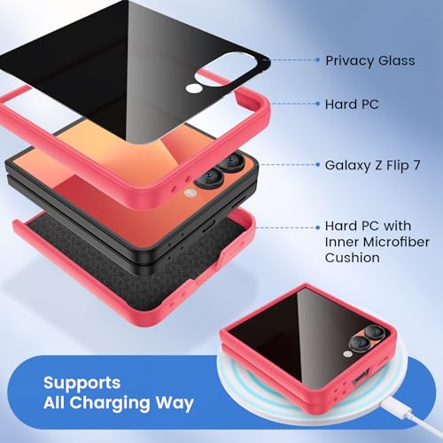 Image of Ruky for Z Flip 7 Case with Privacy Screen Protector, Full Body Cover Anti-Scratches Shockproof Hard PC Ultra-Thin, Support Wireless Charging Protective Phone Cover for Samsung Z Flip 7, Coralred